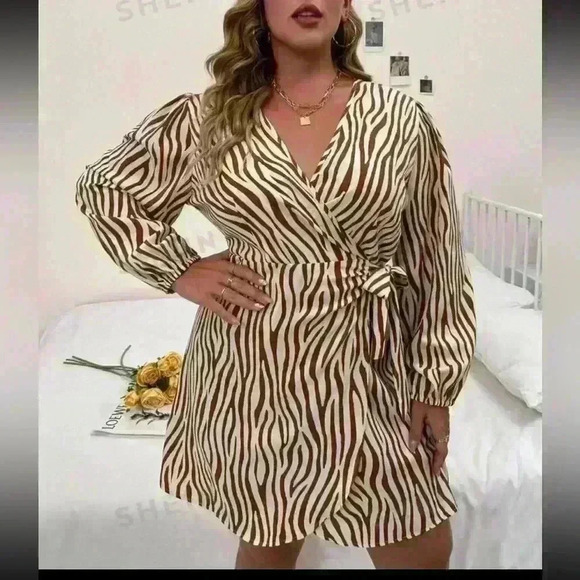 Shein Prive' Plus Zebra Stripe Knot Side Wrap Dress (550) - Picture 1 of 12